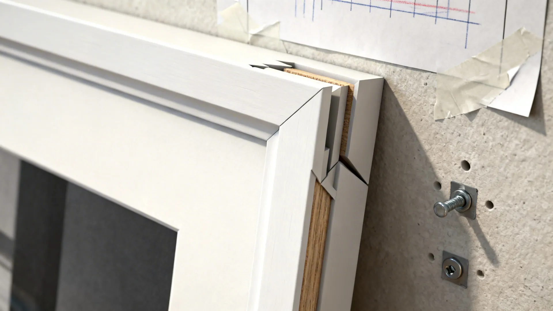 Close-up of matting, frame edges, and paper templates for planning layout.