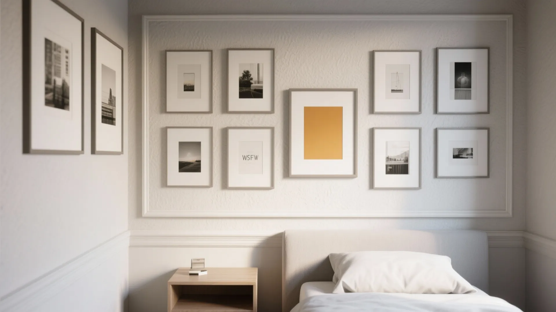Bedroom wall with picture frames small wooden nightstand white bed and clean white wall panels