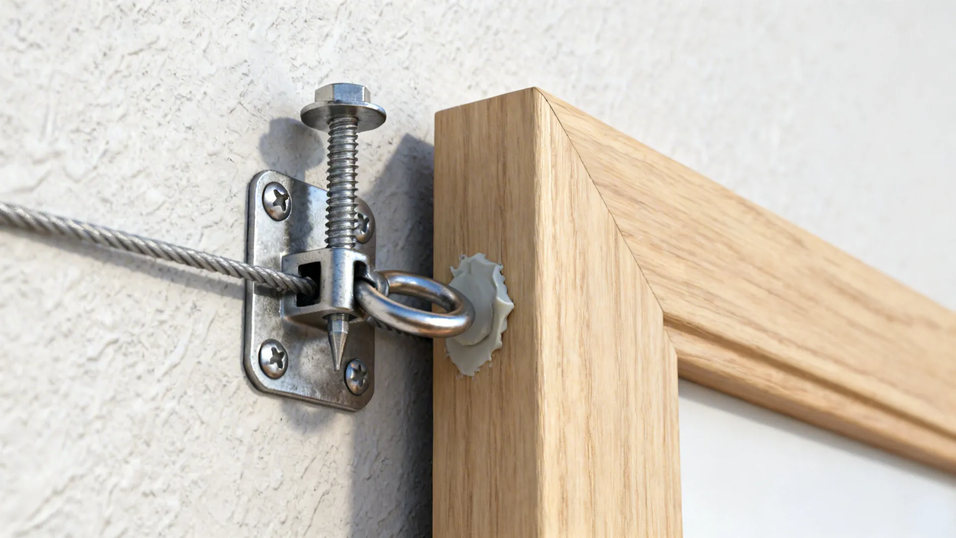 Metal hanging wire and screw hardware attached to a light wood picture frame on white wall