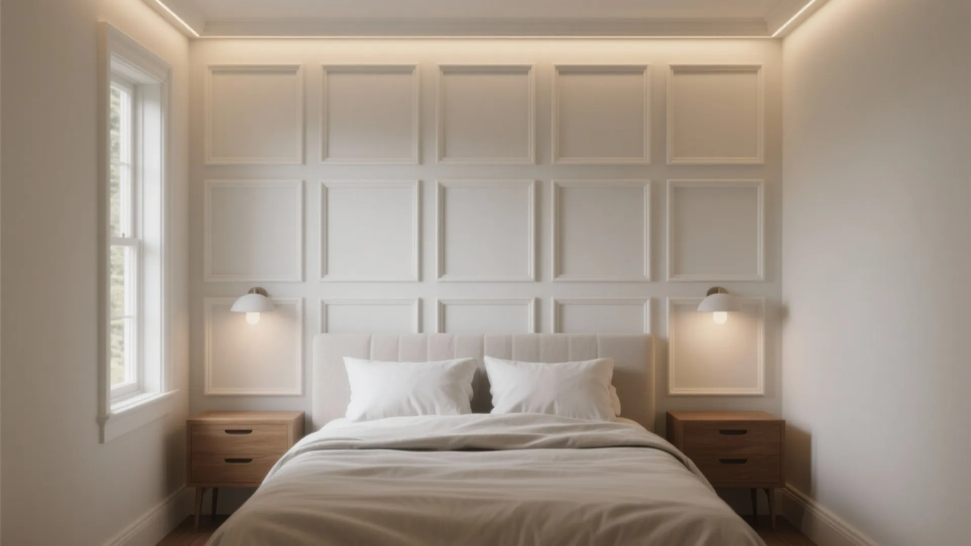 White bedroom with square wall panels two wooden side tables wall lights and large window