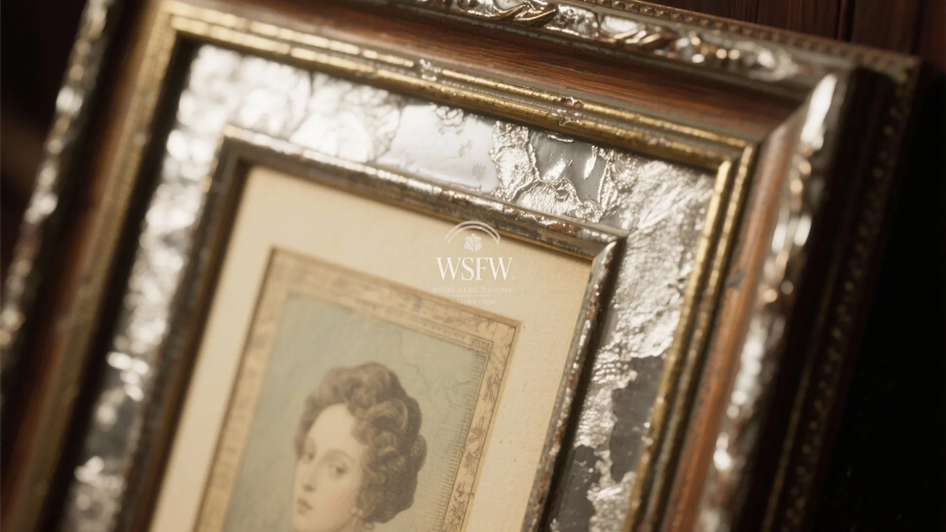 Close up of a decorative gold picture frame showing a classic portrait of young woman