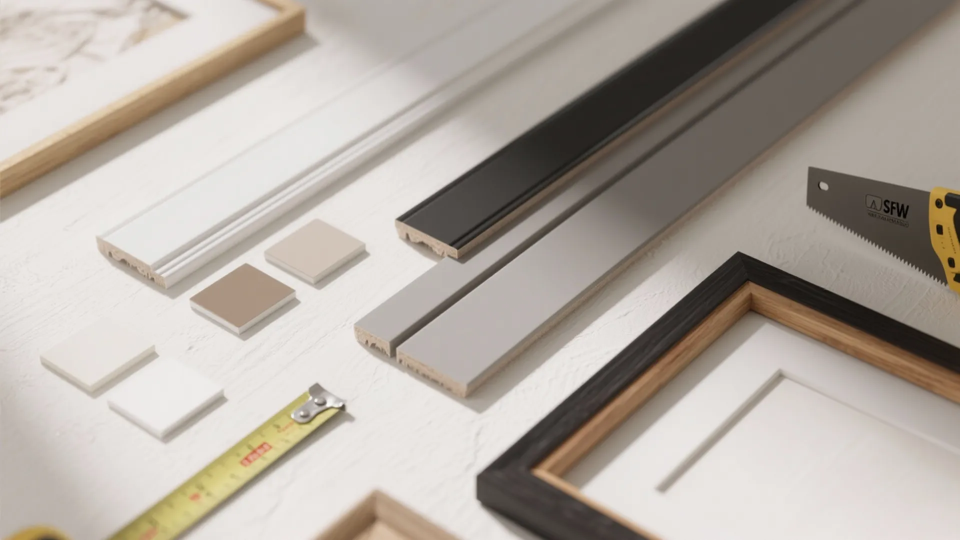 Interior design materials including wall panel samples picture frames measuring tape and a hand saw