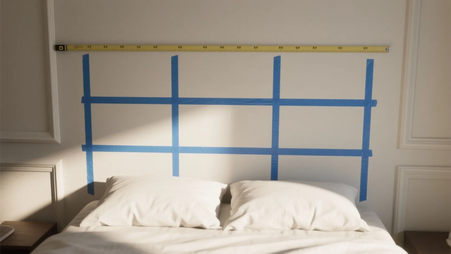Bedroom wall with blue tape and a yellow measuring tape used to plan frame layout