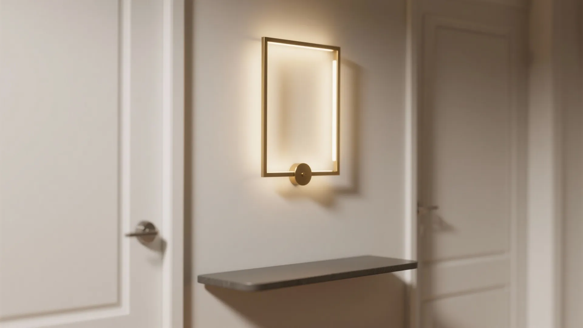 Square gold wall light mounted above dark floating shelf in hallway with white interior doors