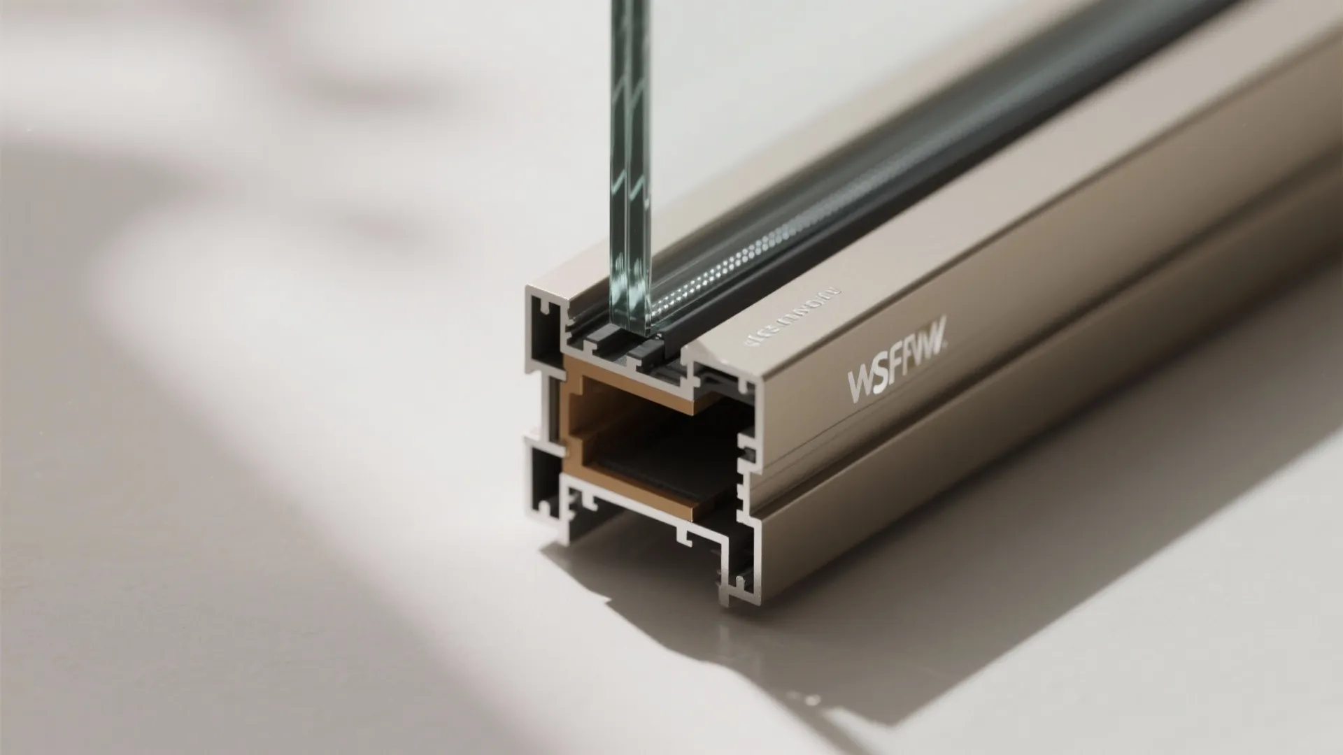 Close up view of metal window frame profile showing glass and thermal insulation material design