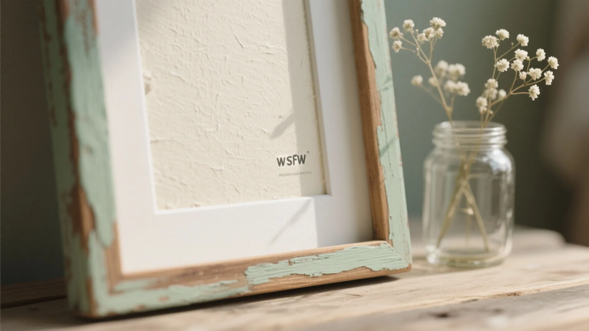 Close up of a weathered green picture frame sitting on a wooden table with flowers