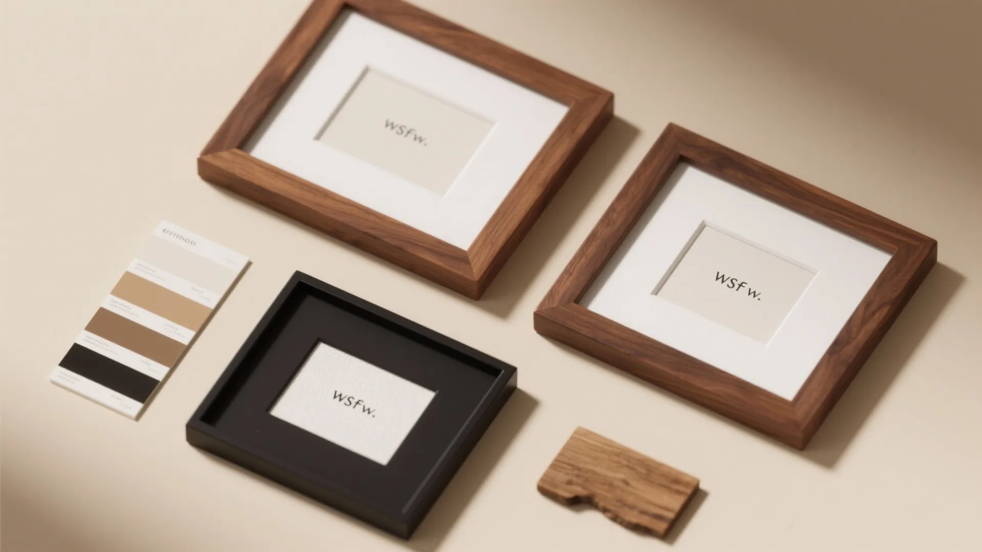 Flat lay of wood and black picture frames with white mats and a color swatch