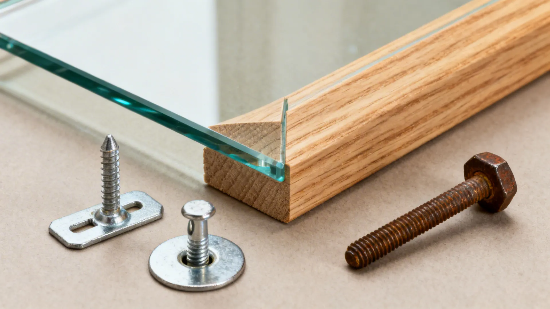 Close-up of frame materials, UV glass sample, and hanging hardware for FAQ guidance.