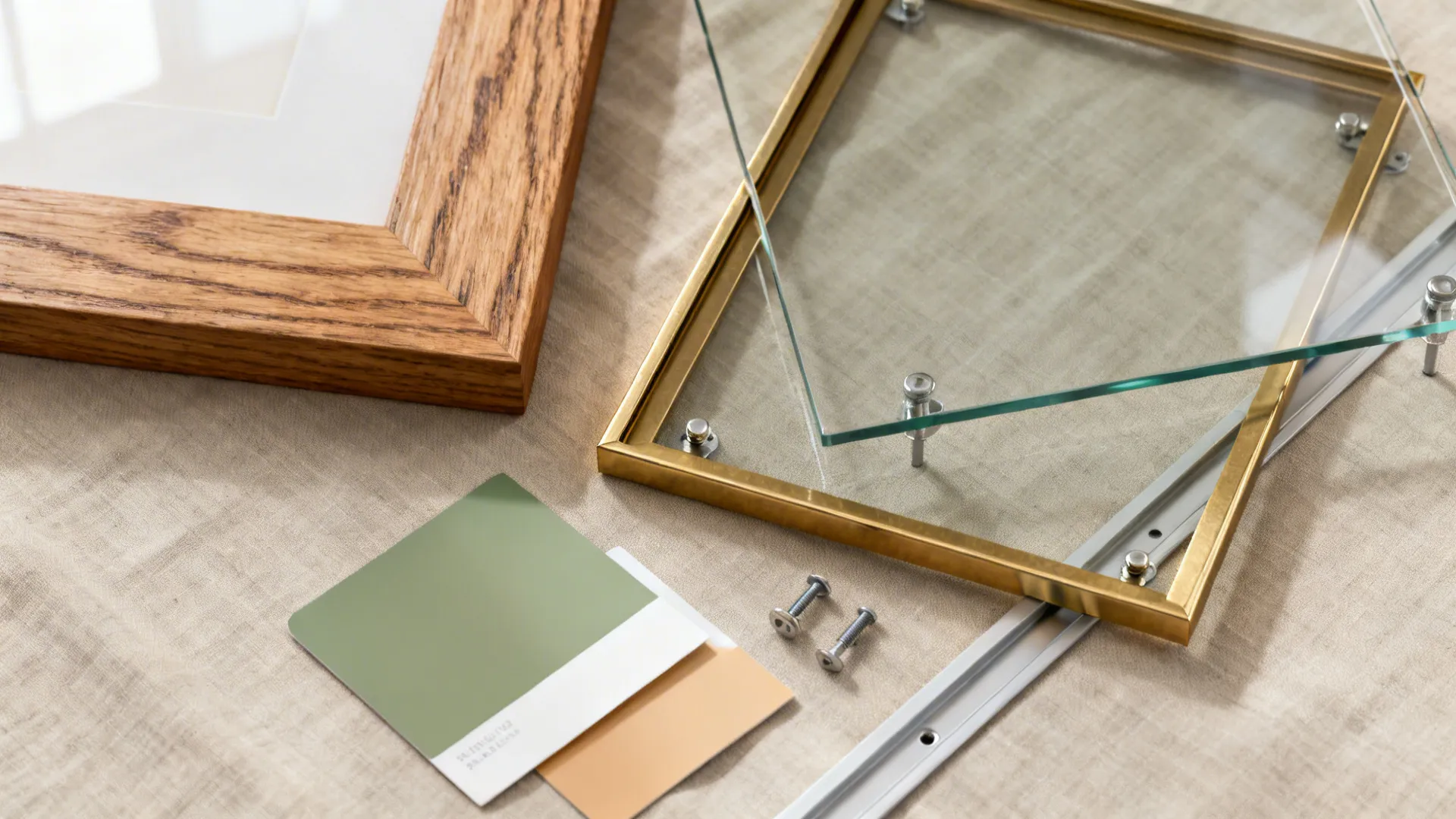 Mixed materials: wood, brass, and floating acrylic