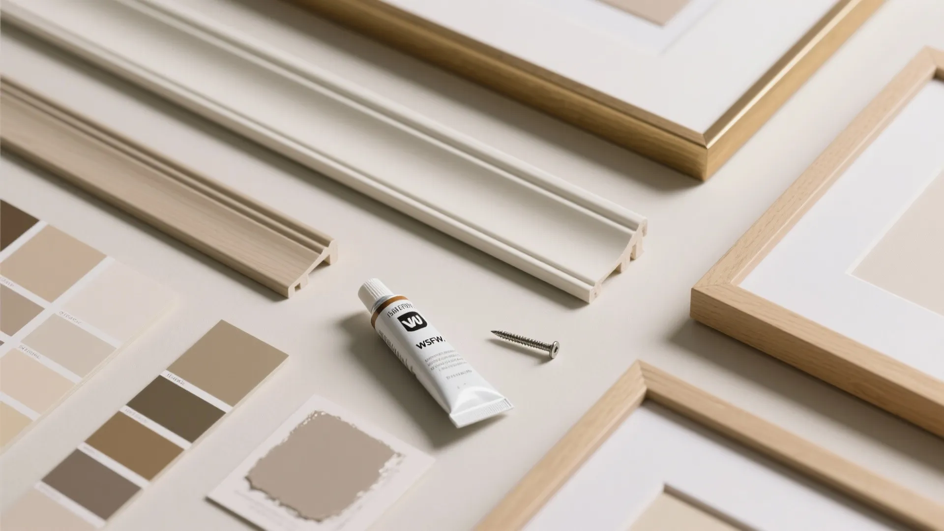 Interior design materials including wall panel pieces wood frames color samples glue and a screw