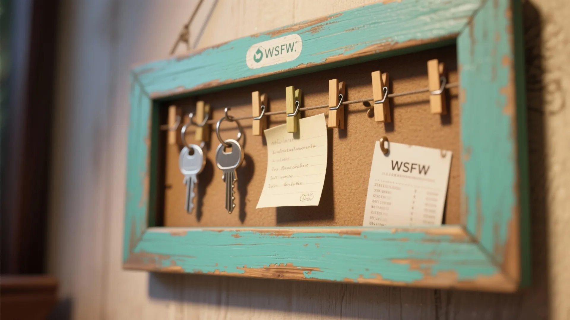 Green wooden frame organizer with string and clips holding keys and paper notes on wall