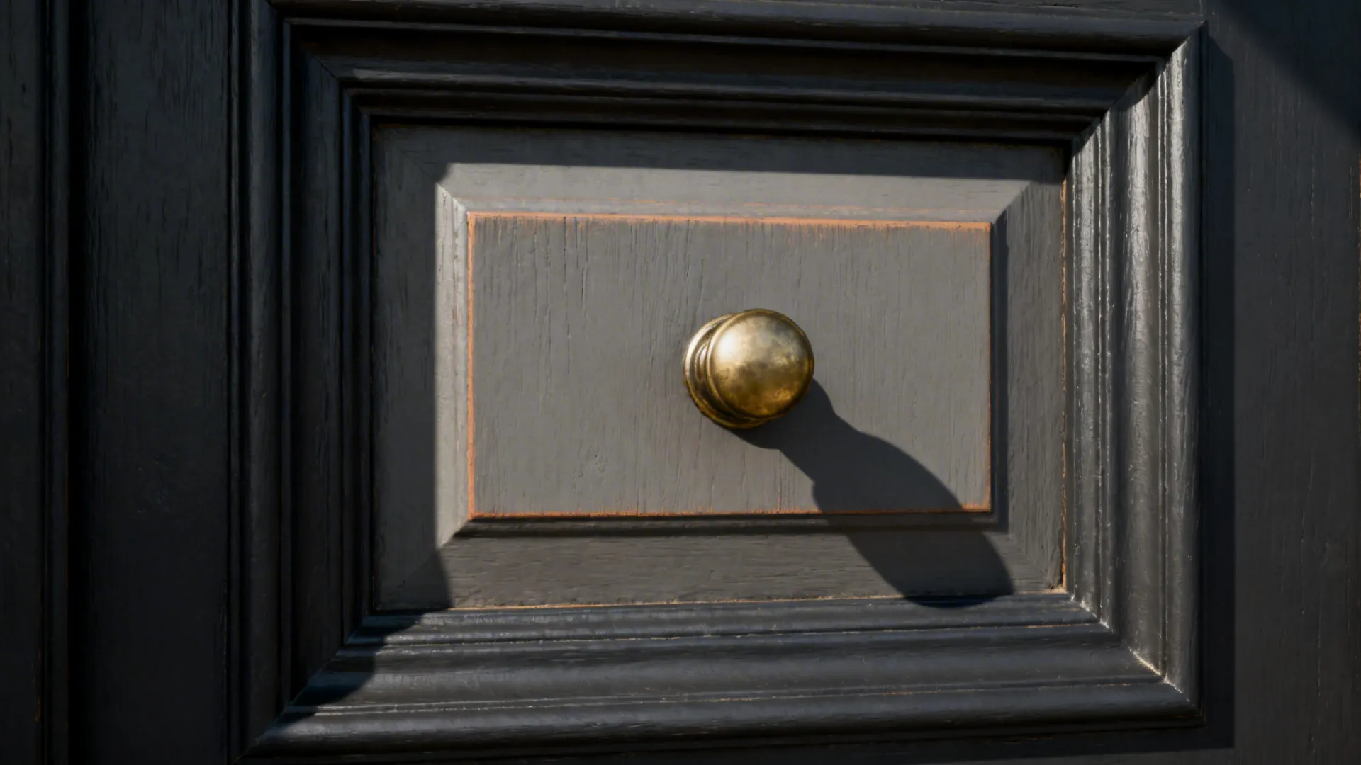 Macro view of a Shaker door with charcoal frame and warm gray panel highlighting depth.