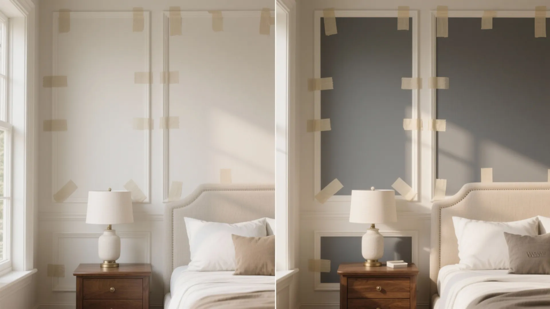 Before and after comparison of bedroom wall panel design with light and dark grey paint