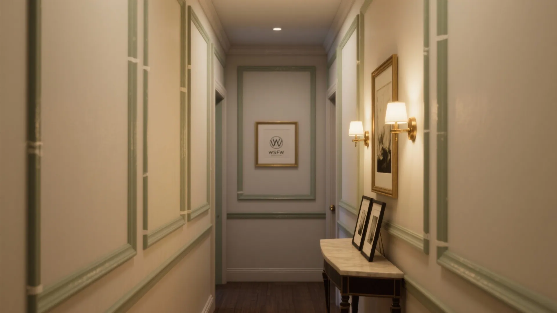 Classic long hallway featuring white wall panels with green trim, wall lights, and small table