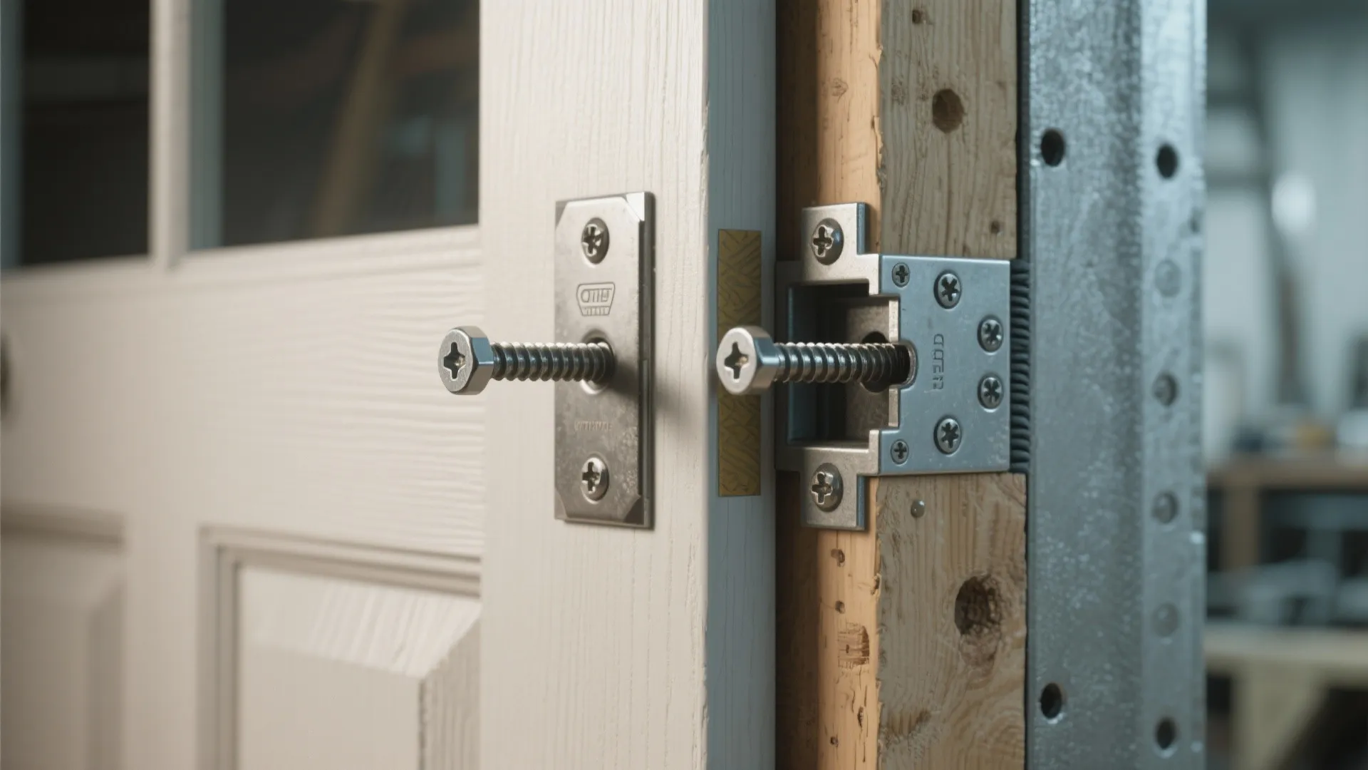 Close up of metal door hinges being installed into a wooden frame with silver screws