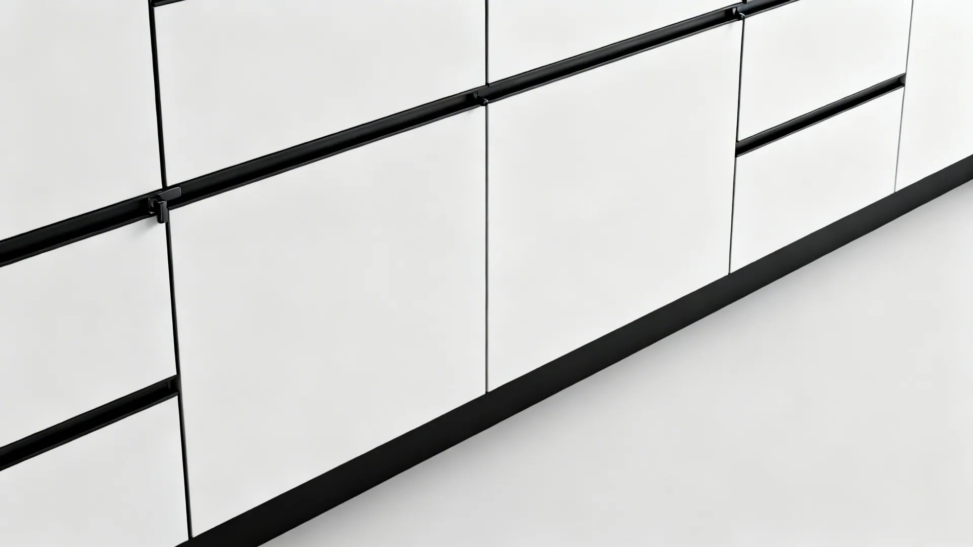 Top-down visual showing even black frame reveals and a continuous toe-kick.