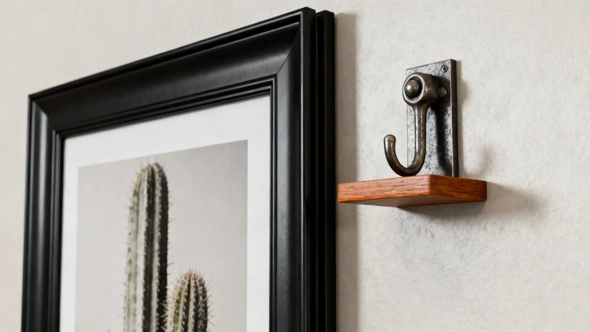 Close-up of a black-framed print next to a small wall-mounted sculptural accent showing material contrast.