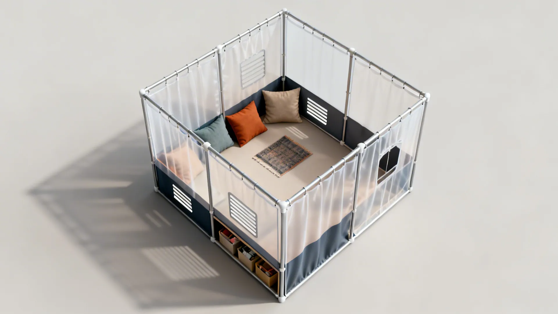 Top-down view of a PVC frame fort with hung sheets, cushions, ventilation and tidy storage nearby.