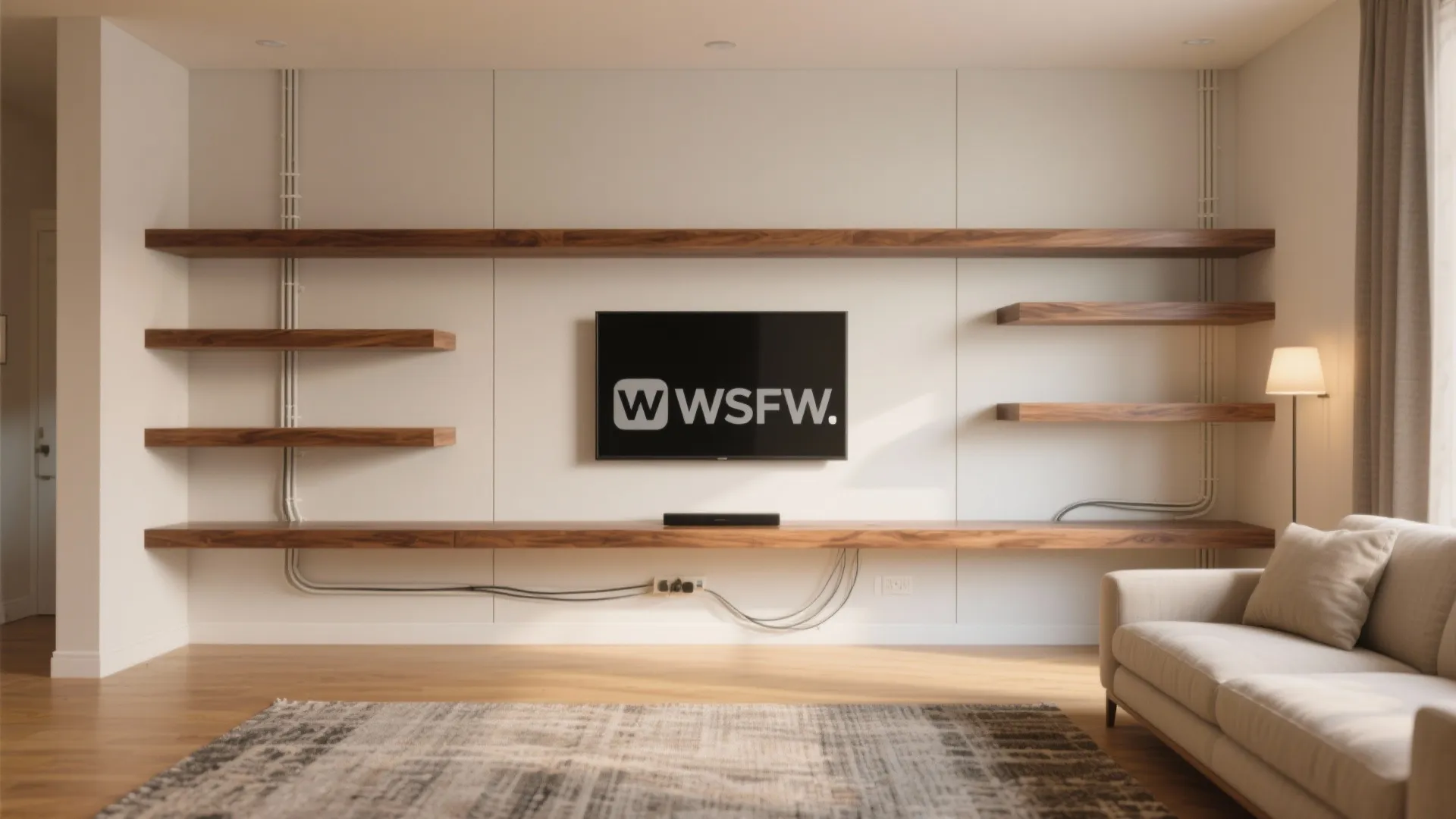 Frame-and-Shelf Composition with Warm Wood Accents