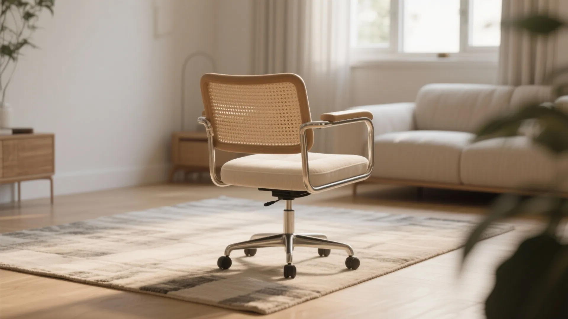 Modern office chair with woven backrest on striped rug in living room with beige sofa