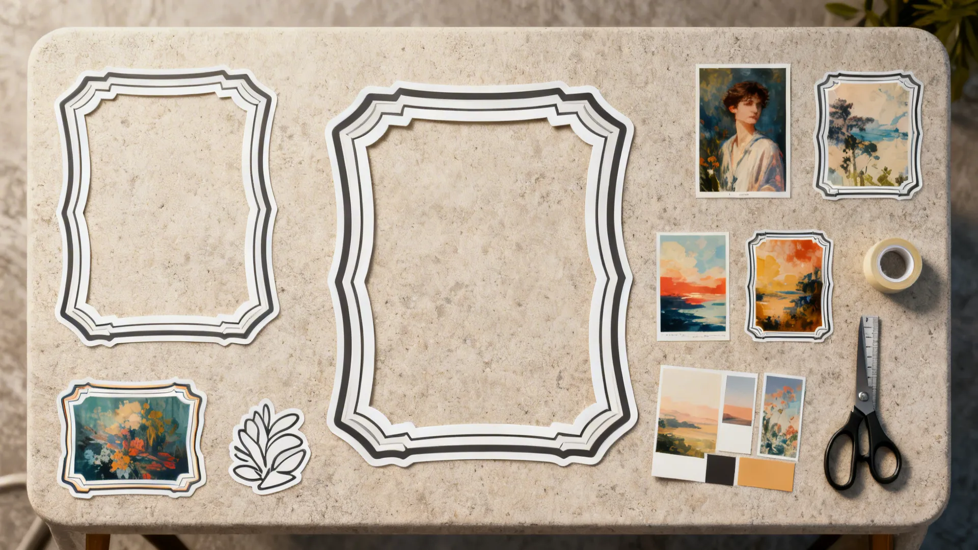 Flatlay of frame-shaped sticker decals and small art prints laid out for gallery wall planning.