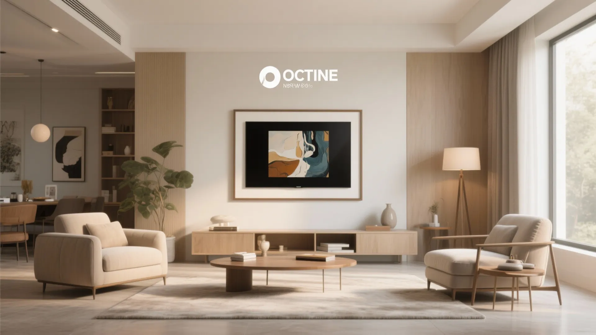 Frame-style TV displaying digital artwork in modern living room