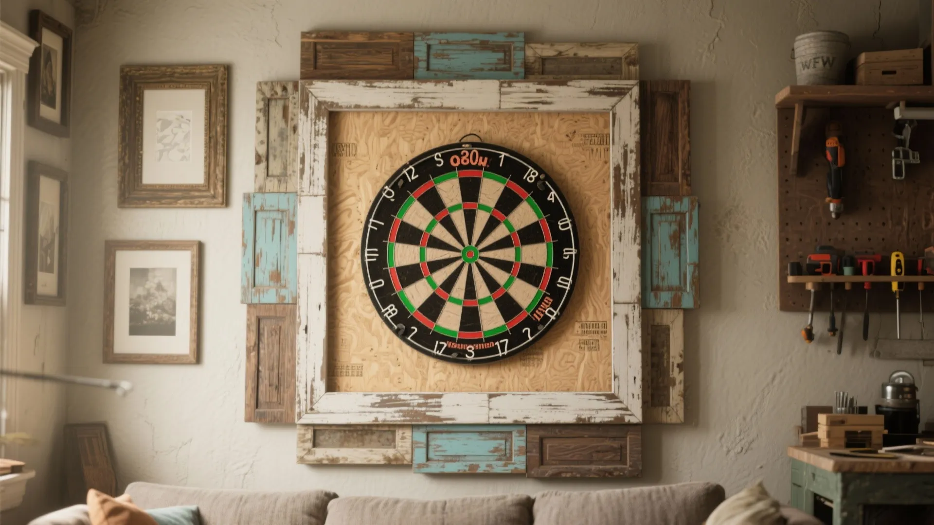 Dartboard mounted on a wall surrounded by rustic wooden frames inside a cozy living room