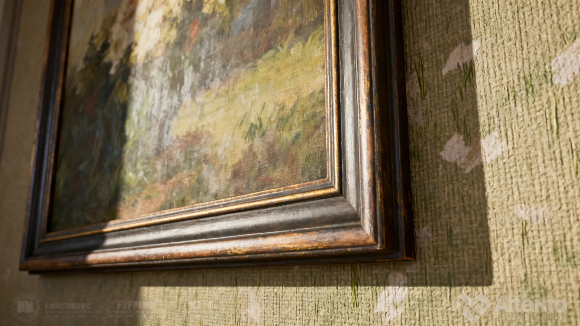 Close-up of a framed print against a textured plaster wall showing material depth.