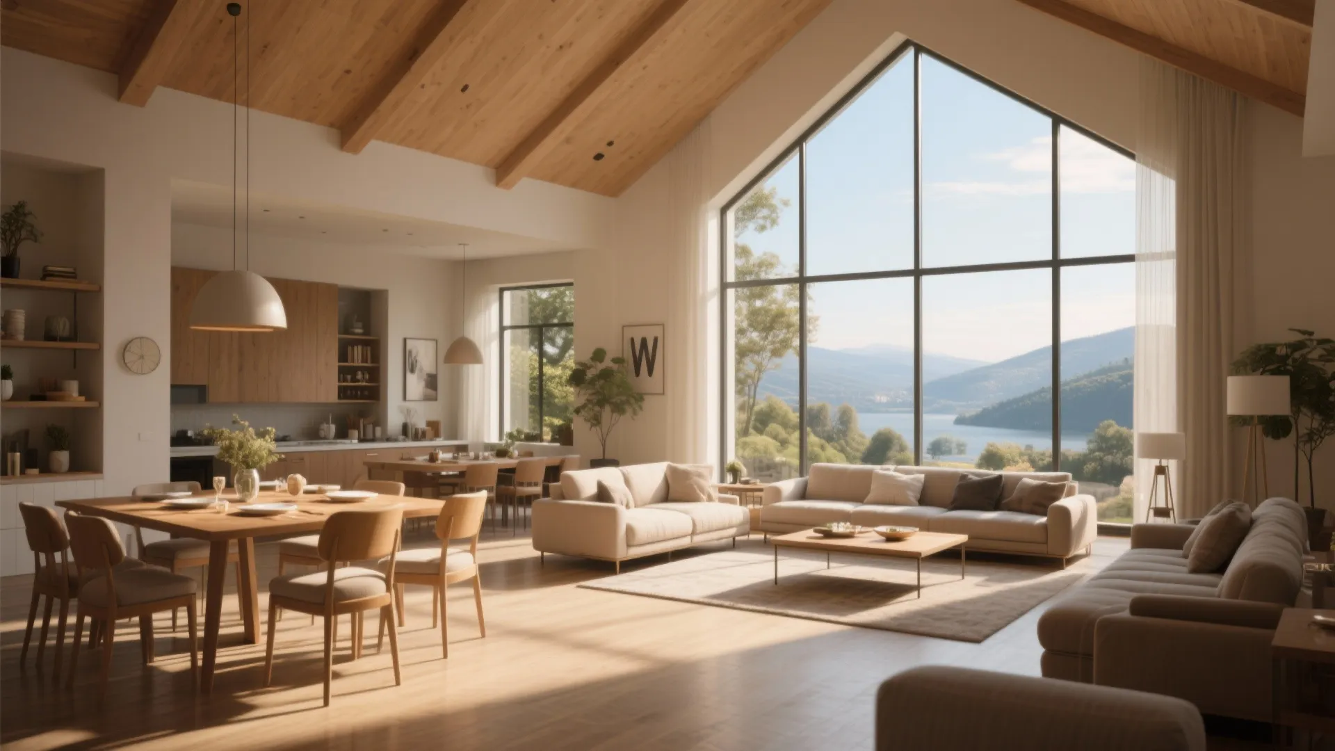 Open-plan living and dining spaces oriented toward a scenic window view