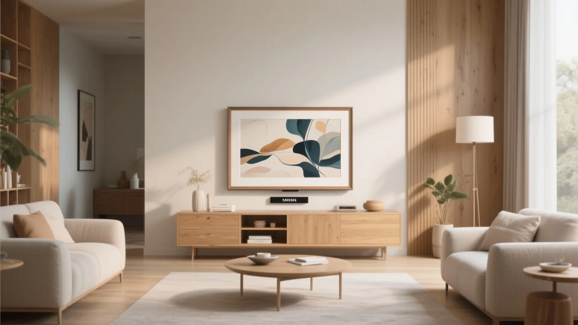Minimalist living room with wooden cabinet, white sofas, round coffee table, and art on television