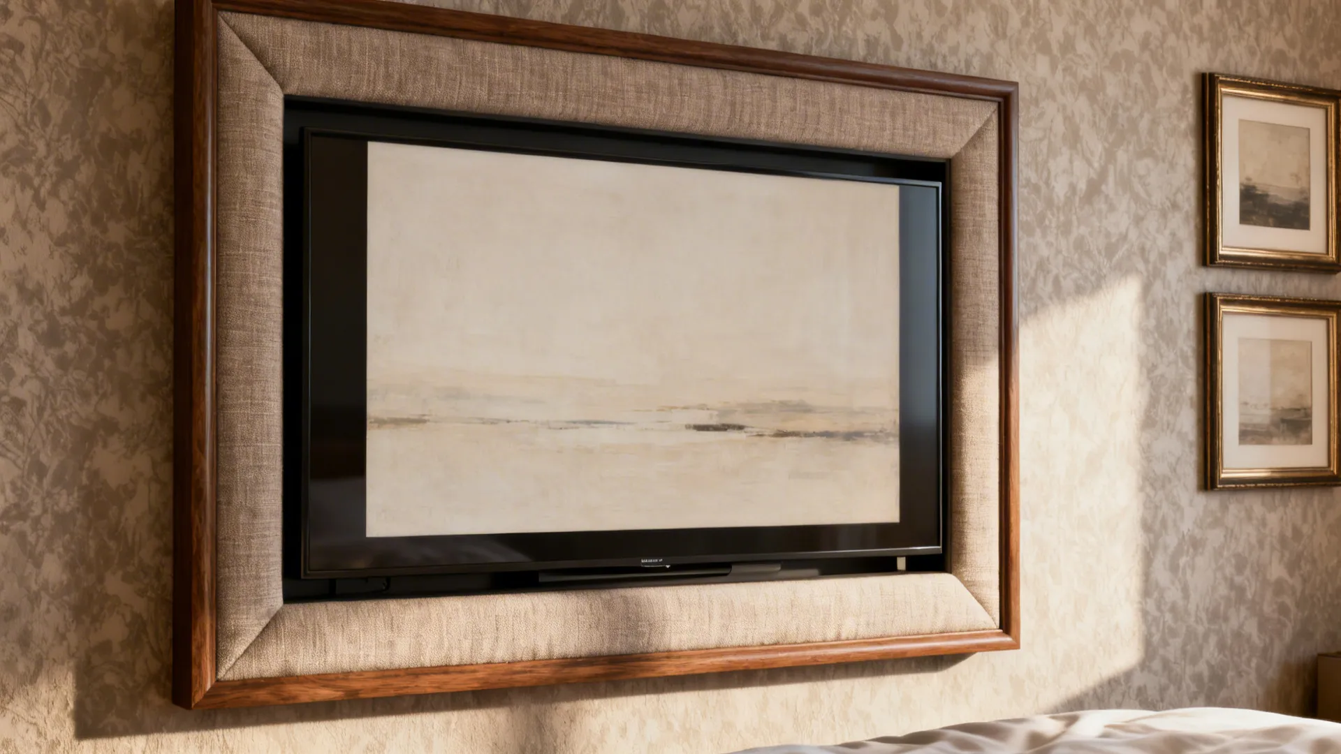 Frame-style TV with fabric surround that looks like artwork on a bedroom wall