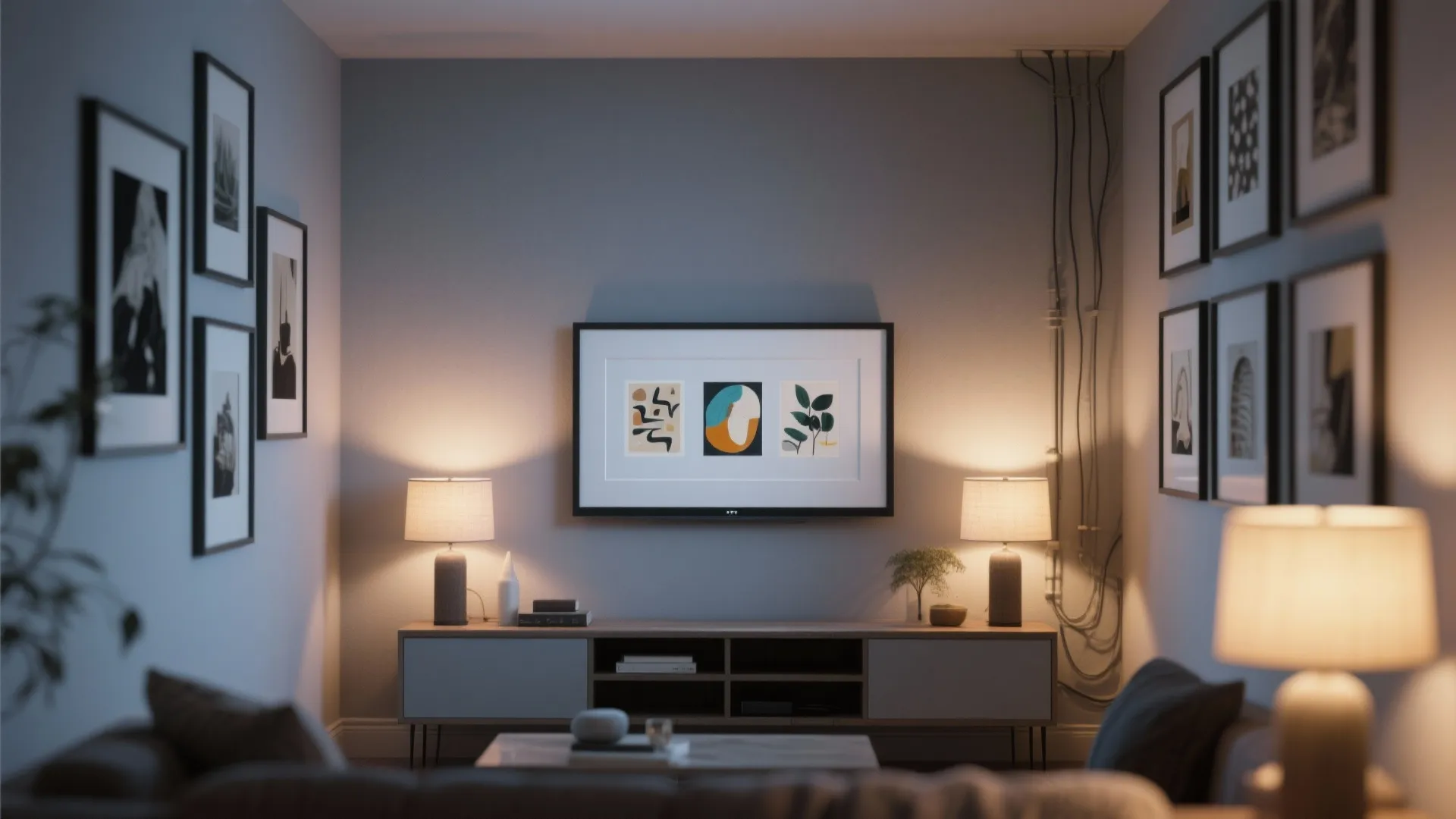 Frame-style TV in art mode within a gallery wall above a slim console in a small living room.