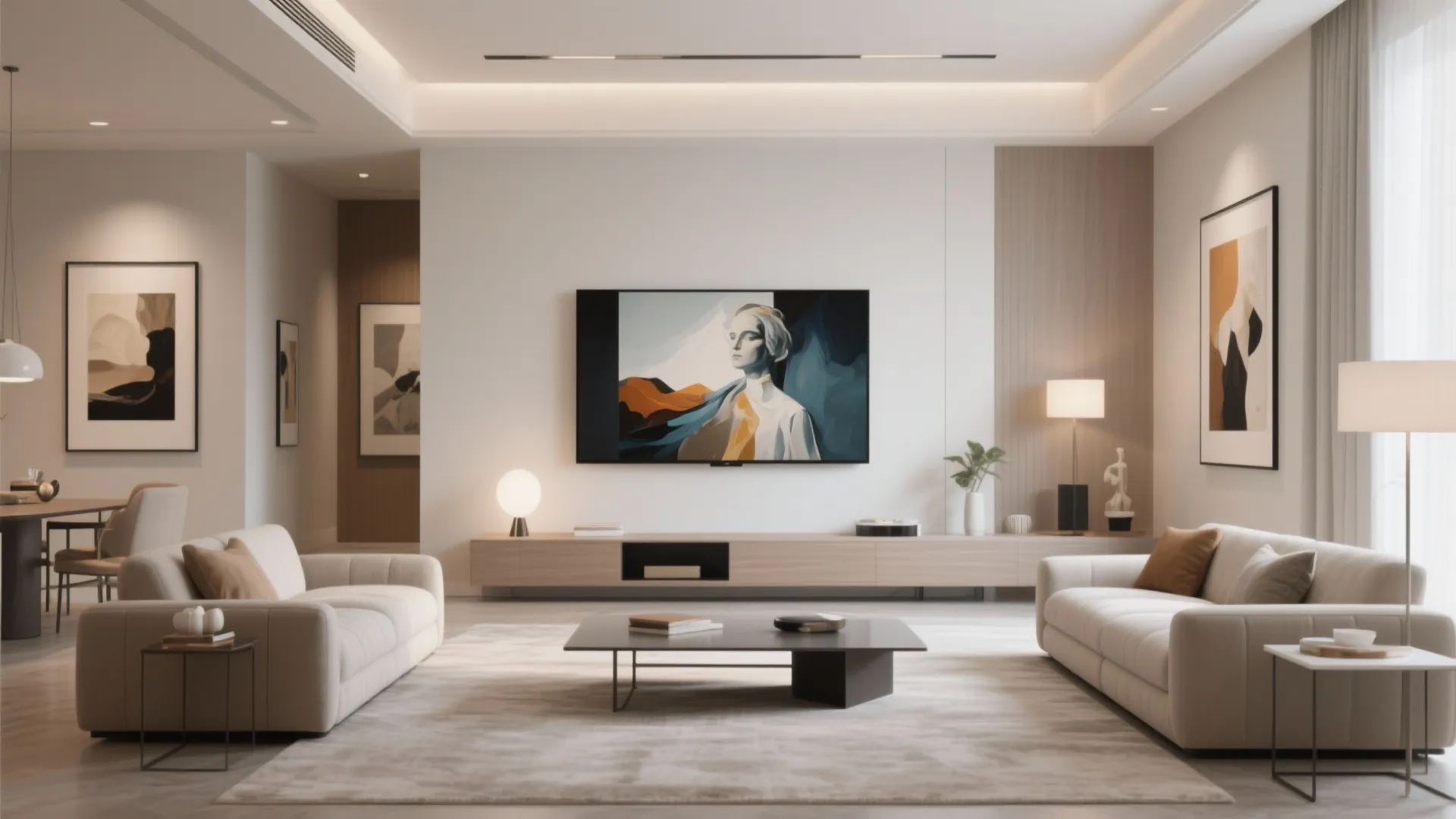 Minimalist living room with white sofas long wooden cabinet and television displaying colorful art painting content