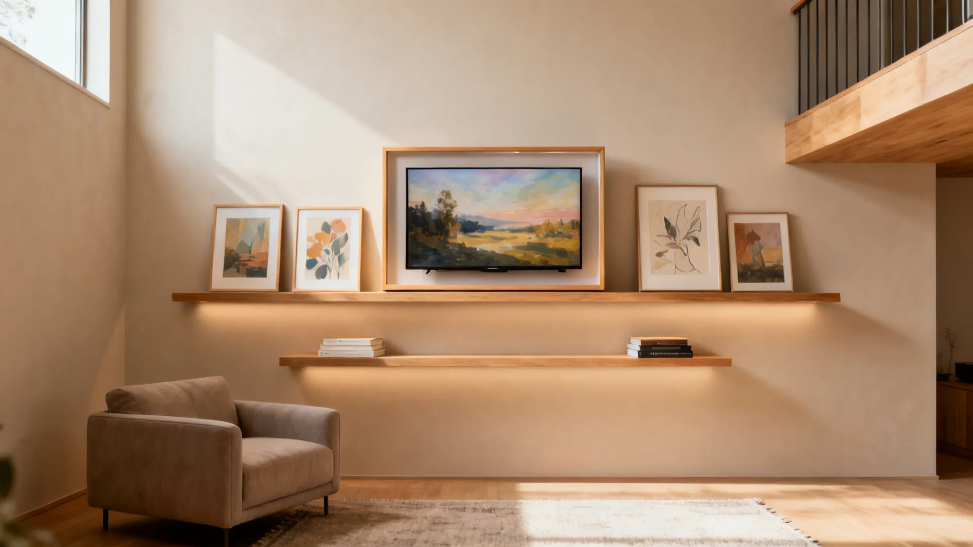 Frame-style TV integrated into a gallery wall with staggered slim picture ledges.
