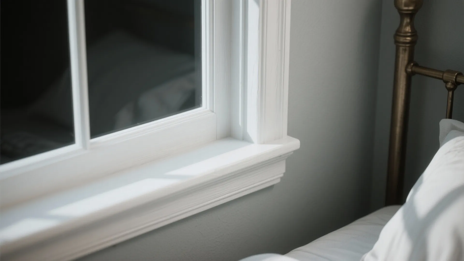 Close-up of bright white window jamb contrasted with soft gray wall, showing crisp painted trim.