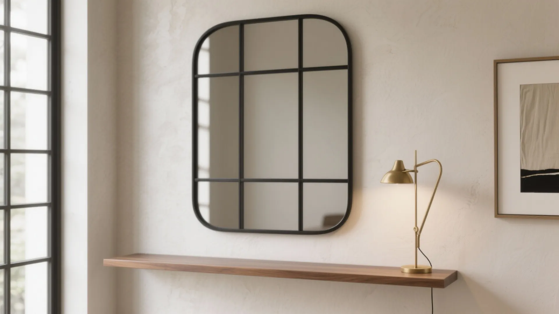 Modern black framed window mirror hanging on a beige wall above a wooden wall shelf