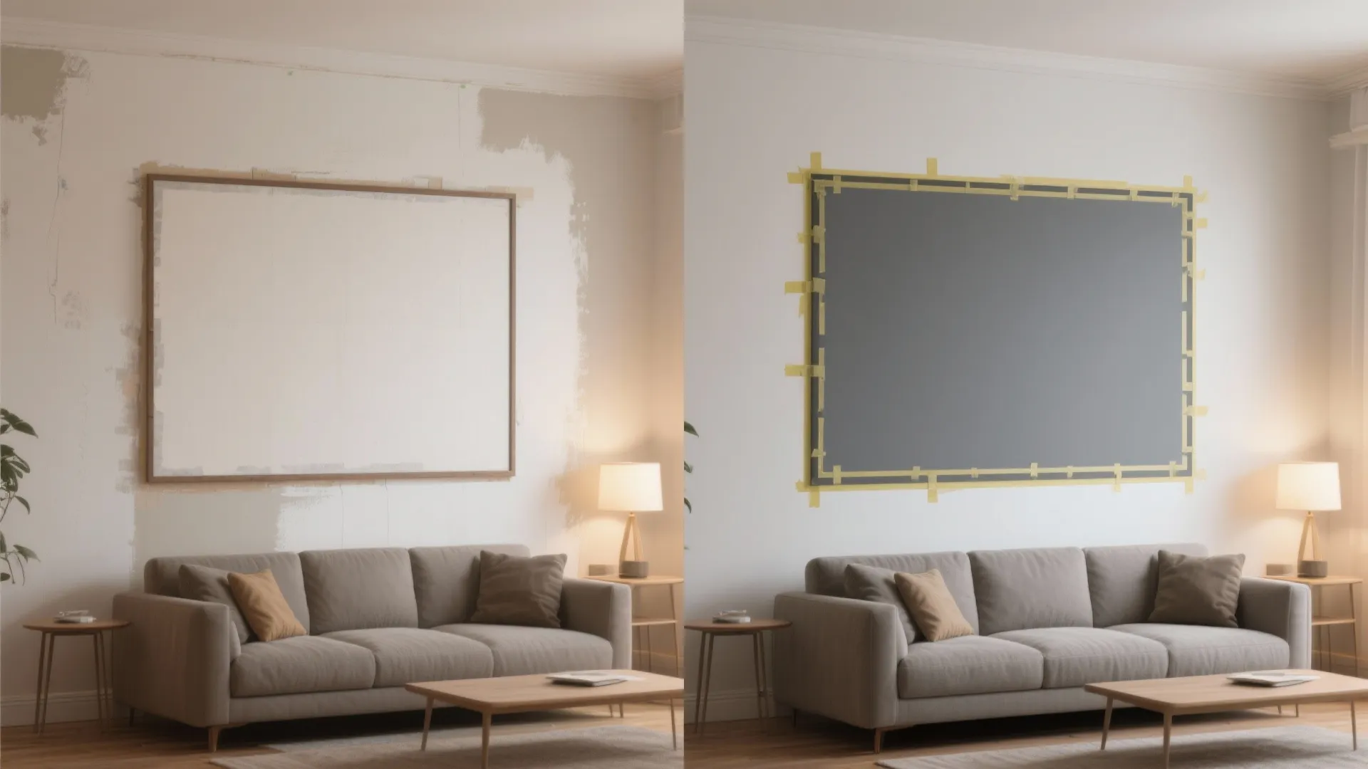 Before and after comparison of a living room wall being painted with a grey rectangular