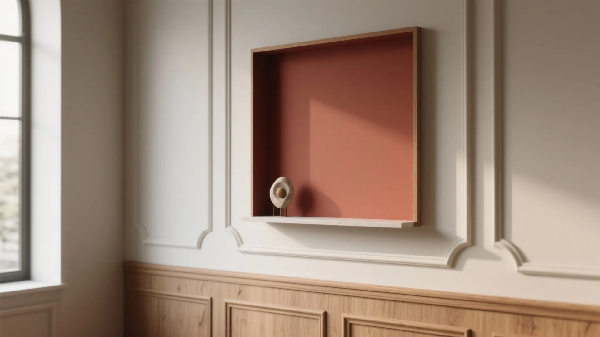 Close-up of a framed accent panel with contrasting paint inside trim and a neutral surrounding wall, showing material detail.