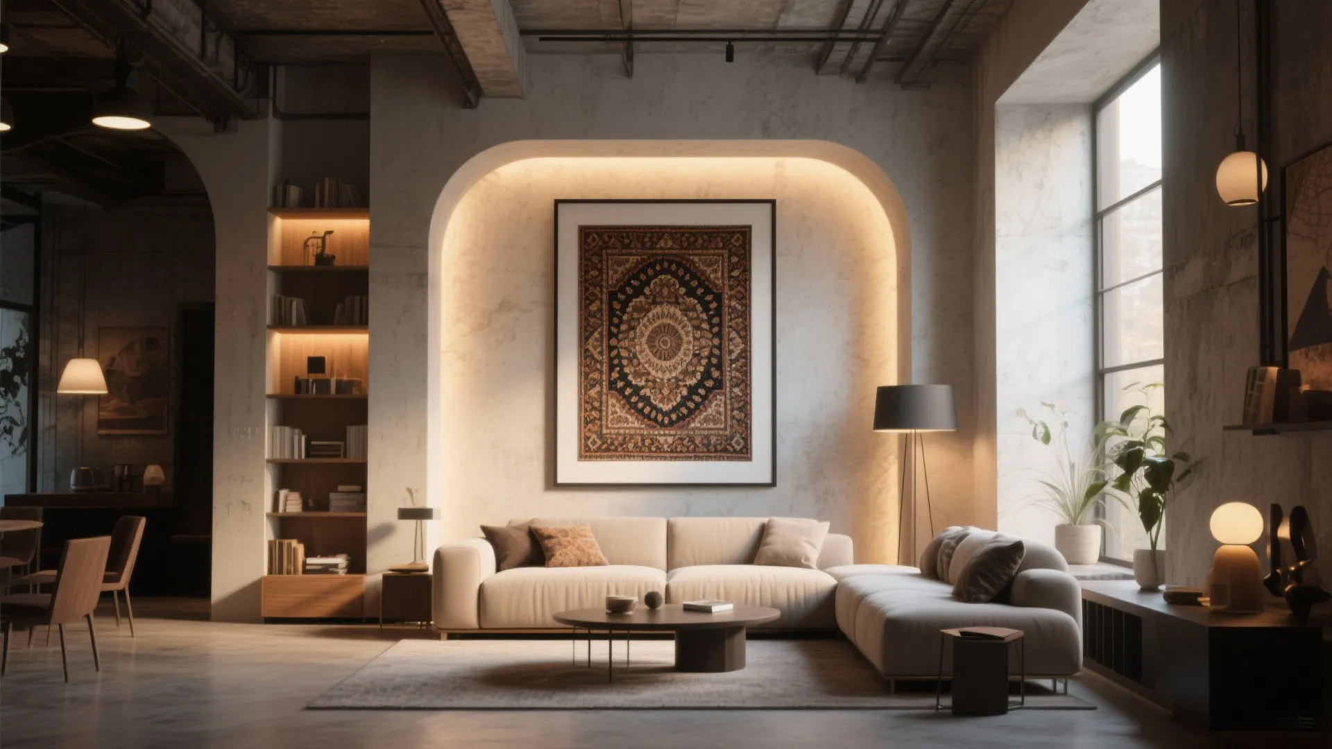 Tapestry framed inside an alcove highlights architecture