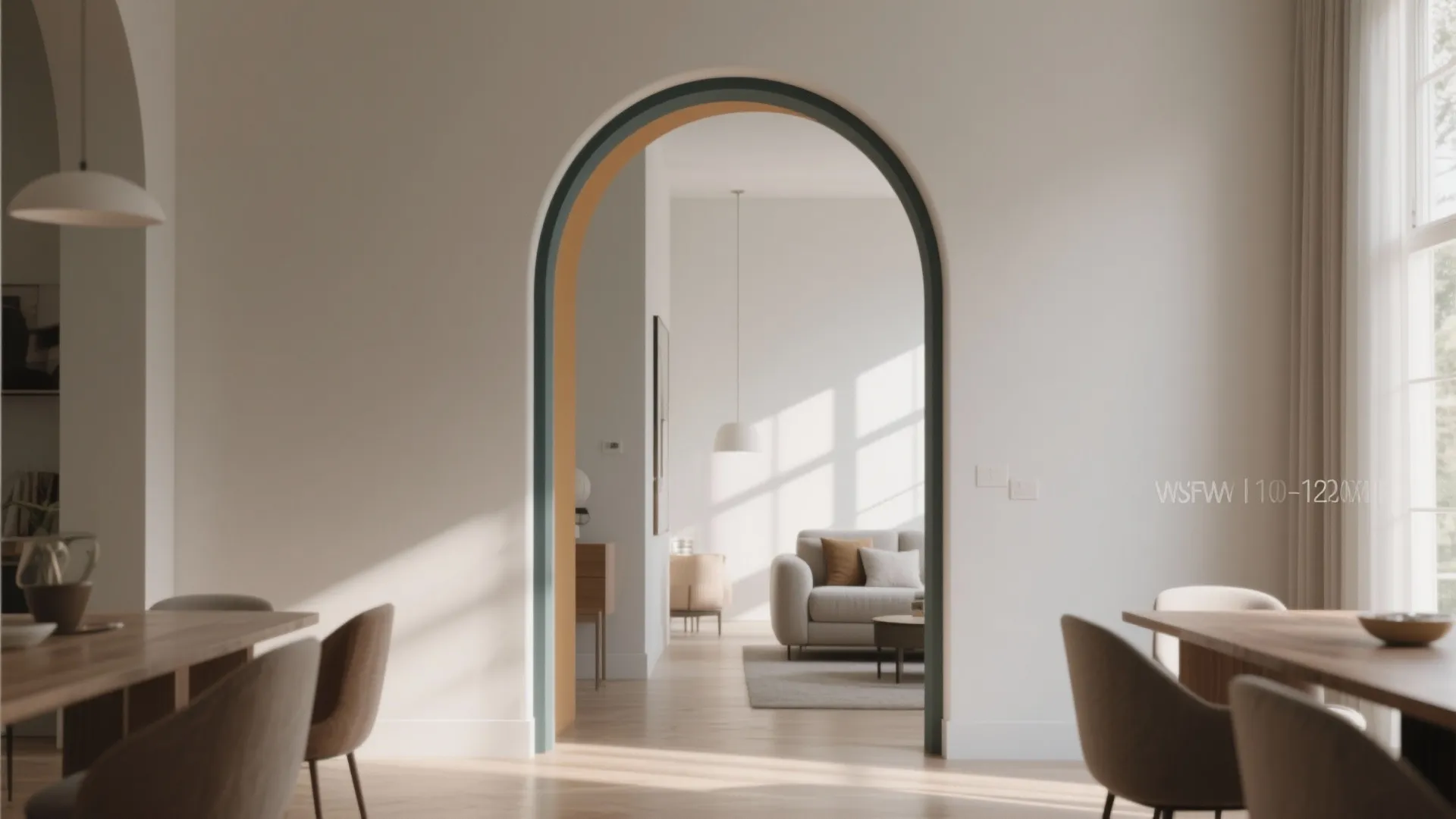 Interior view through a curved archway looking into a bright living room with white walls