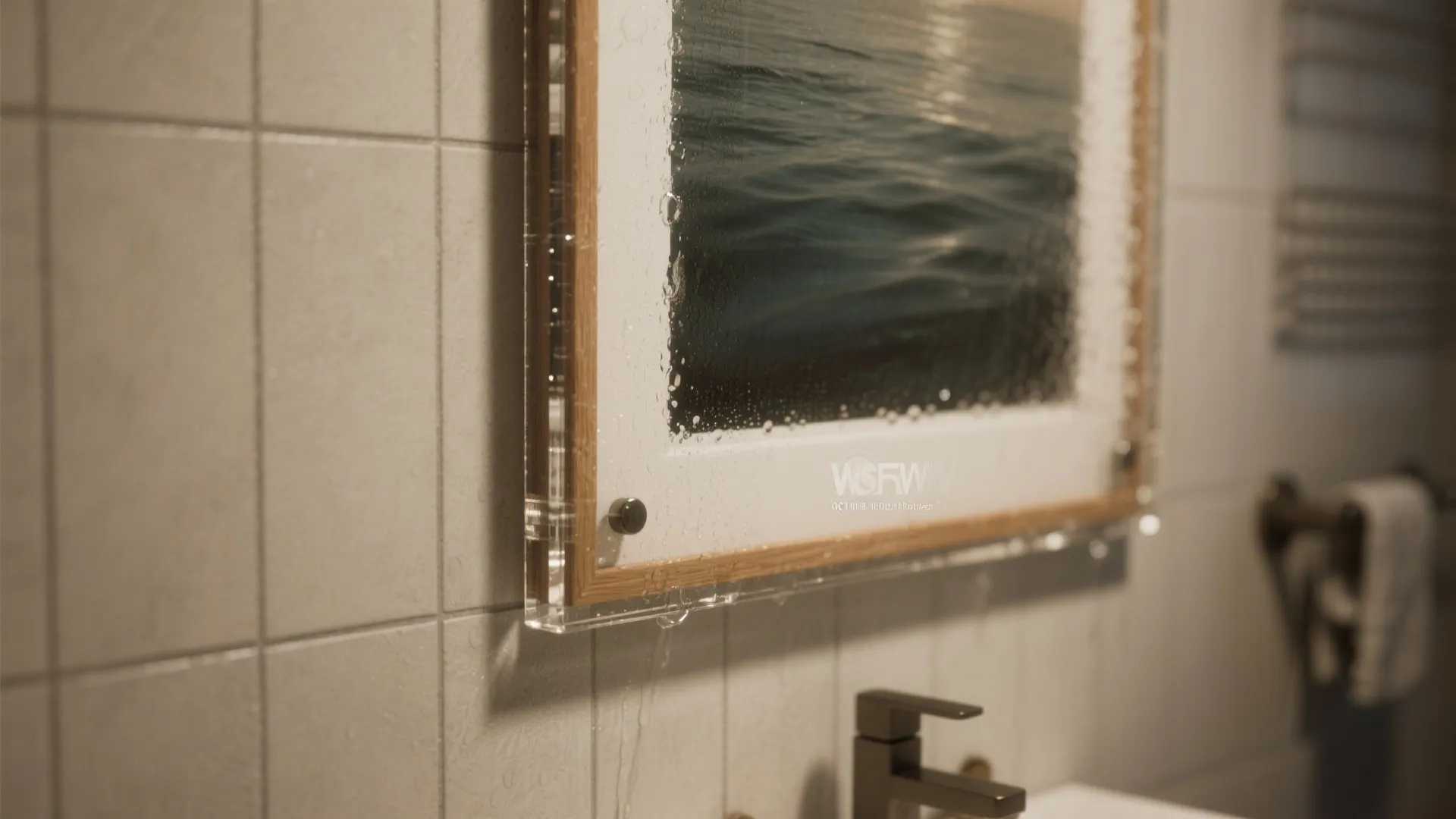 Close up of waterproof framed wall art in bathroom with water droplets on the glass