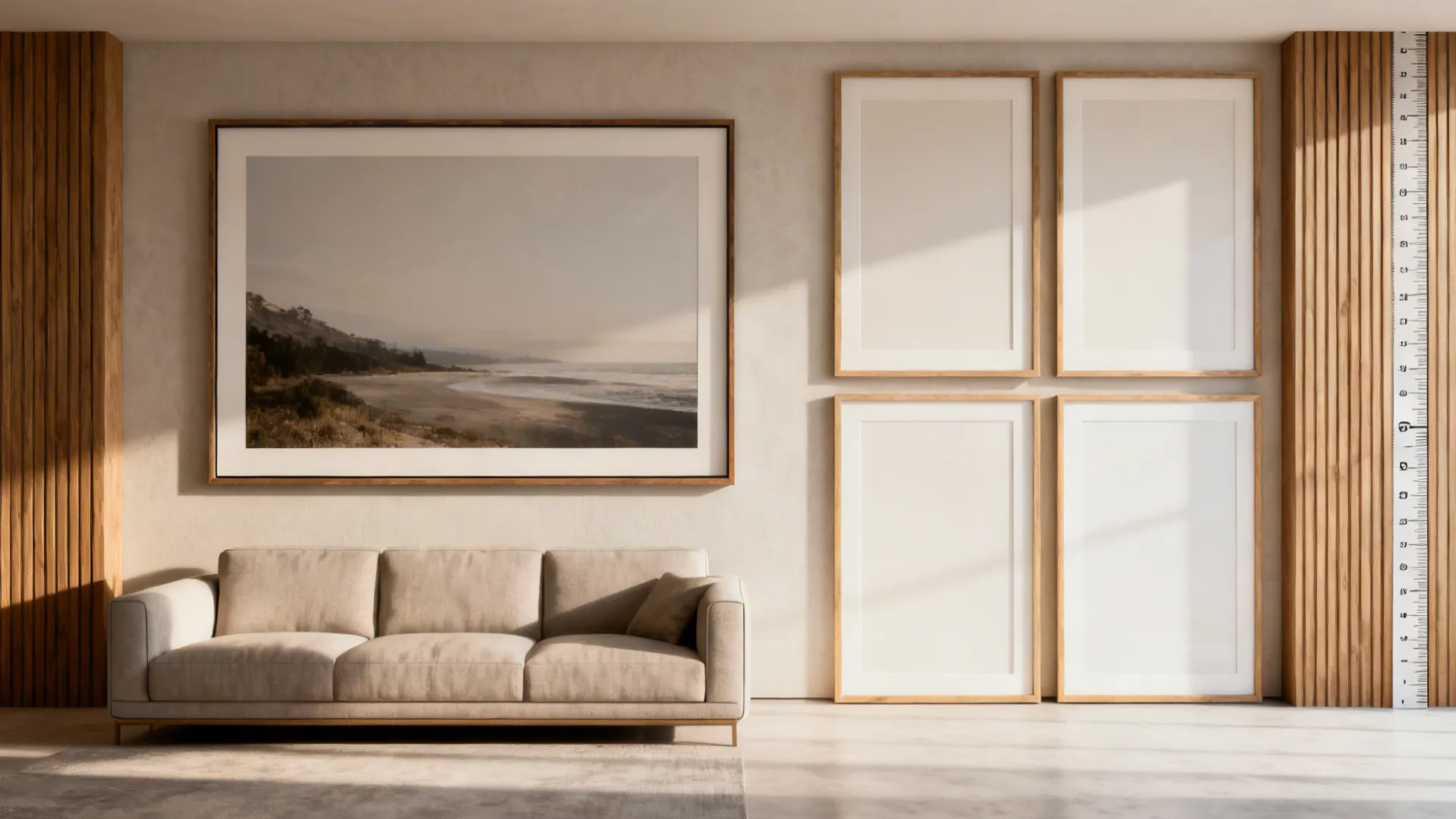 Gallery-style wall with a single oversized framed print above a sofa and a grid of large frames