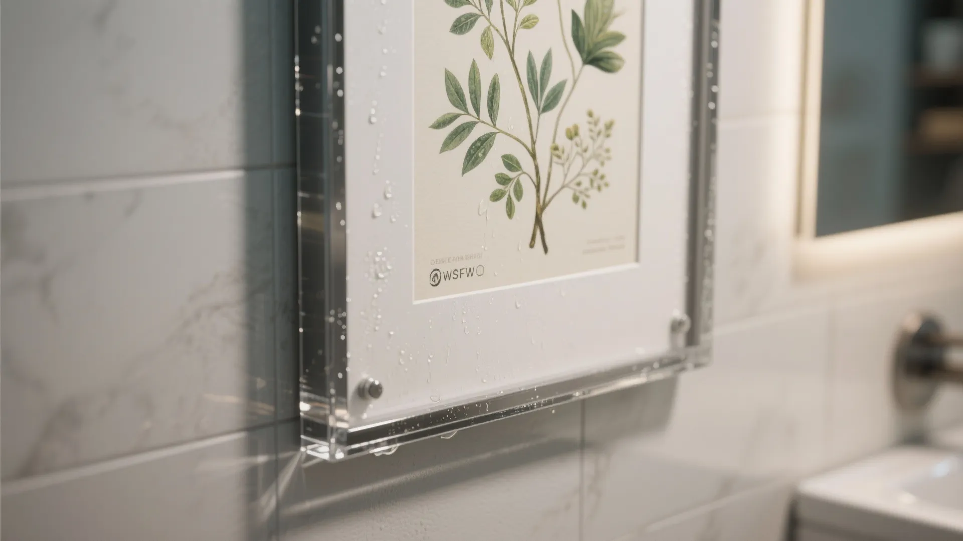 Clear acrylic frame with botanical leaf print hanging on a white marble wall with droplets