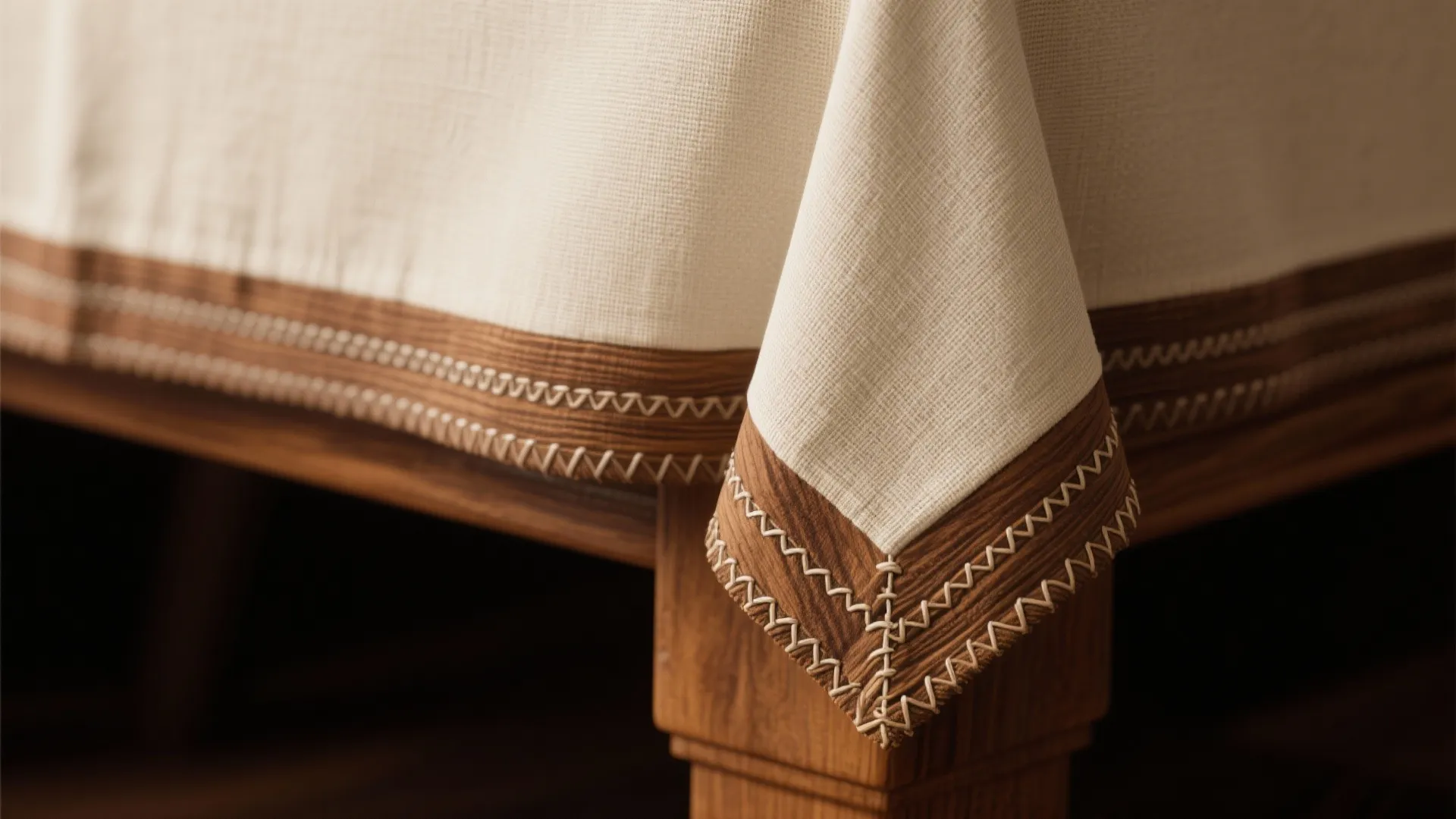 Close up of cream tablecloth with brown patterned border and zigzag stitching on wooden table