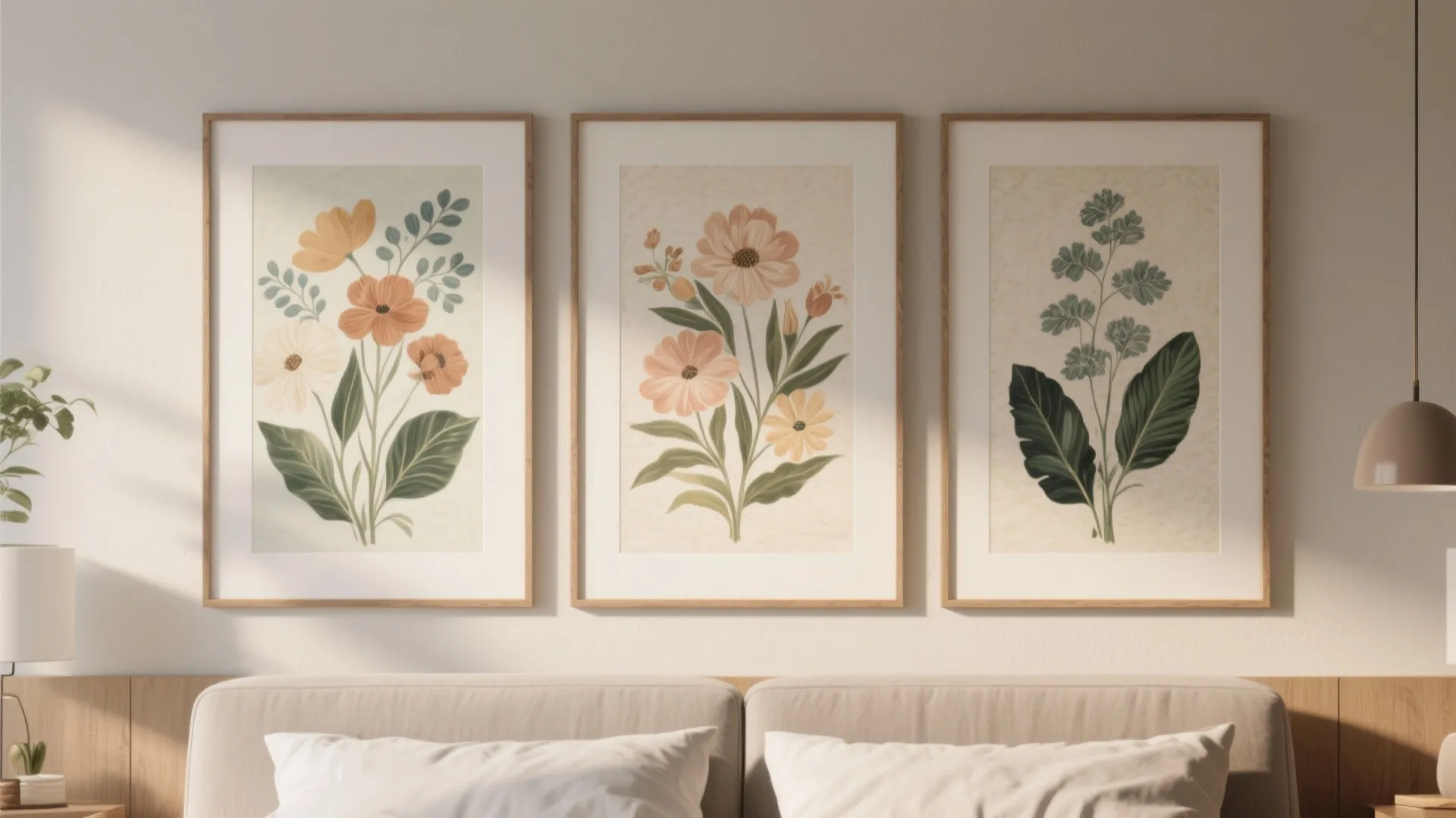 Three botanical wall art frames hanging above a soft sofa with pillows and warm lighting