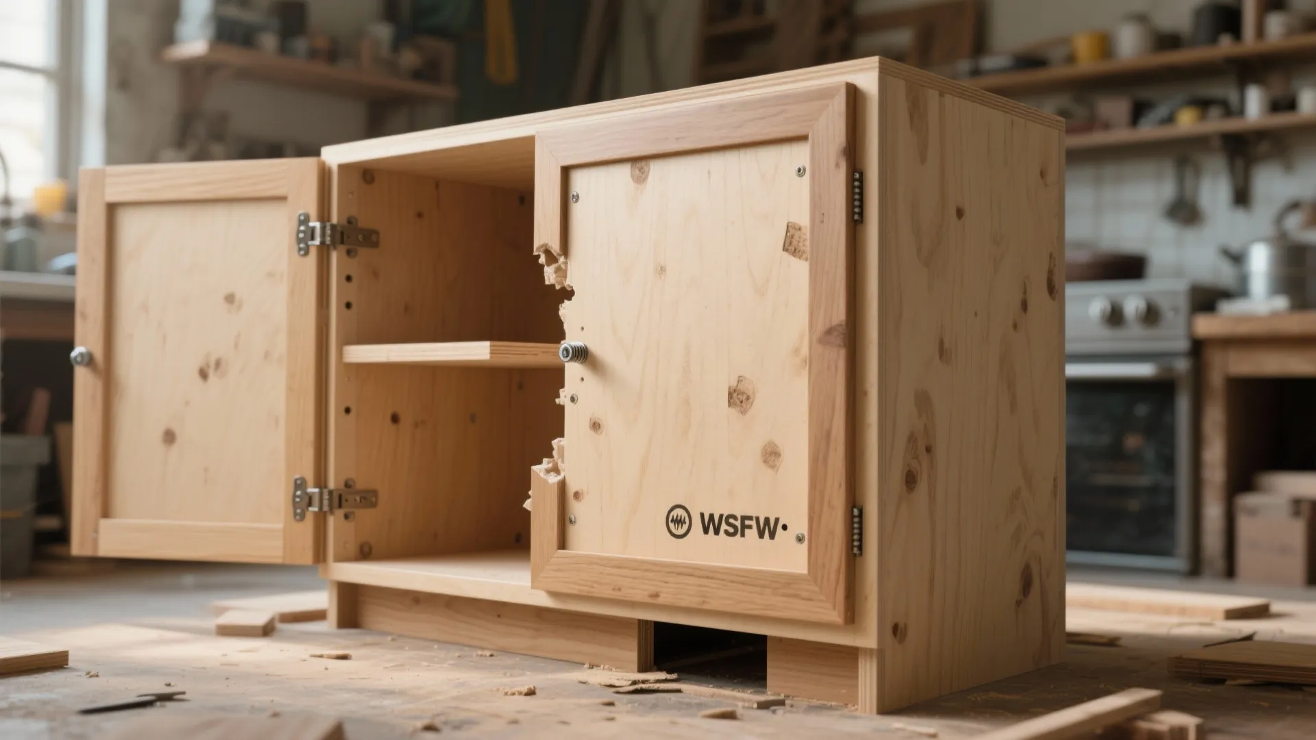 Handmade wooden storage cabinet with open doors sitting on a workshop floor with wood shavings