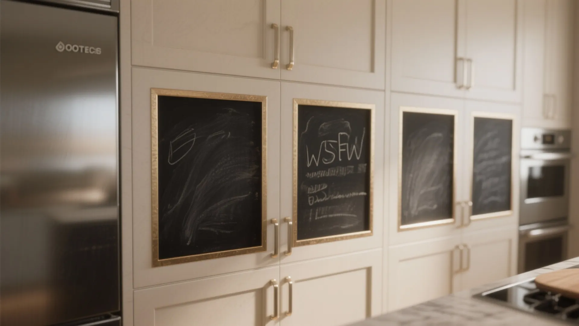 Modern white kitchen cabinet doors featuring black chalkboard panels with gold frames and metal handles