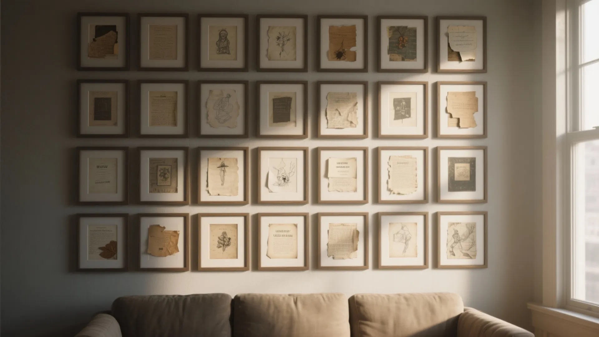 Tight grid of small framed paper collages above a sofa, showing texture and balanced composition.