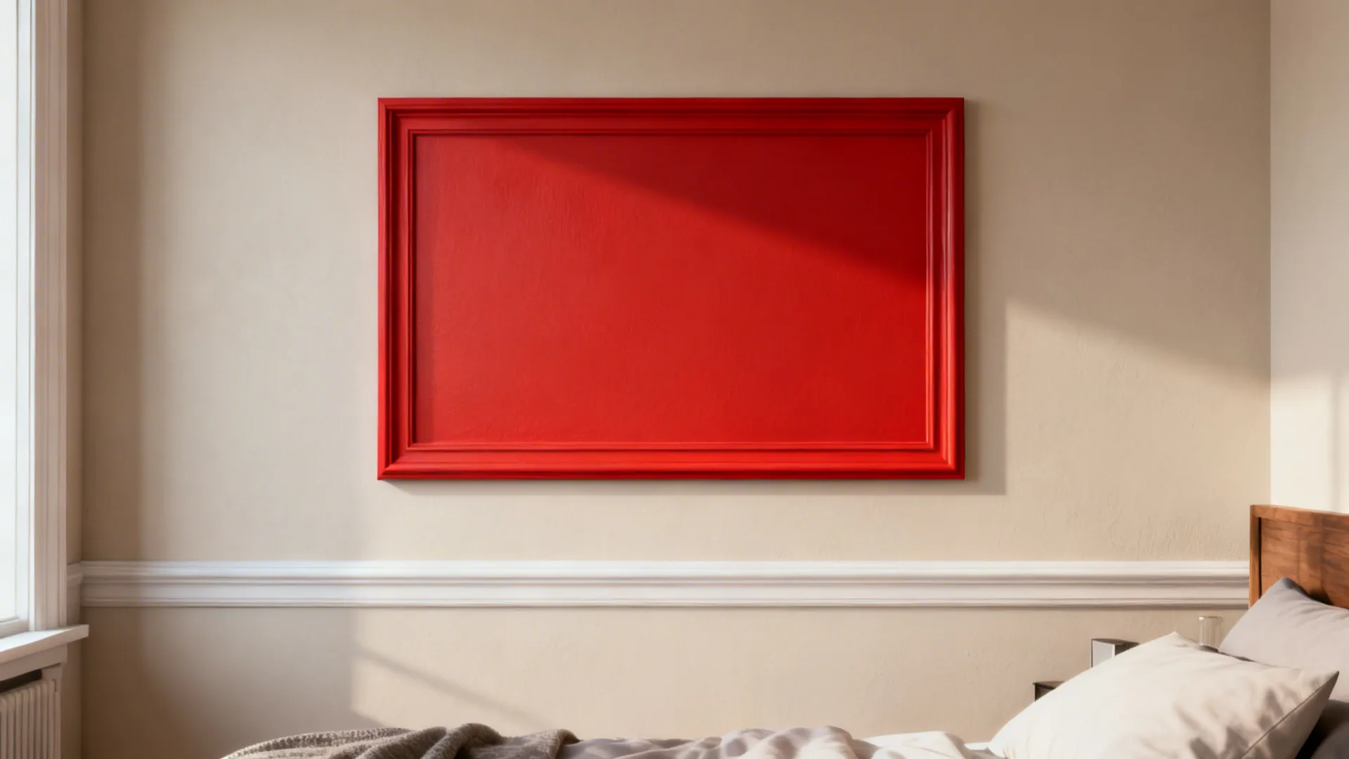 Bedroom wall with a bold painted rectangle framed by simple molding as a faux artwork