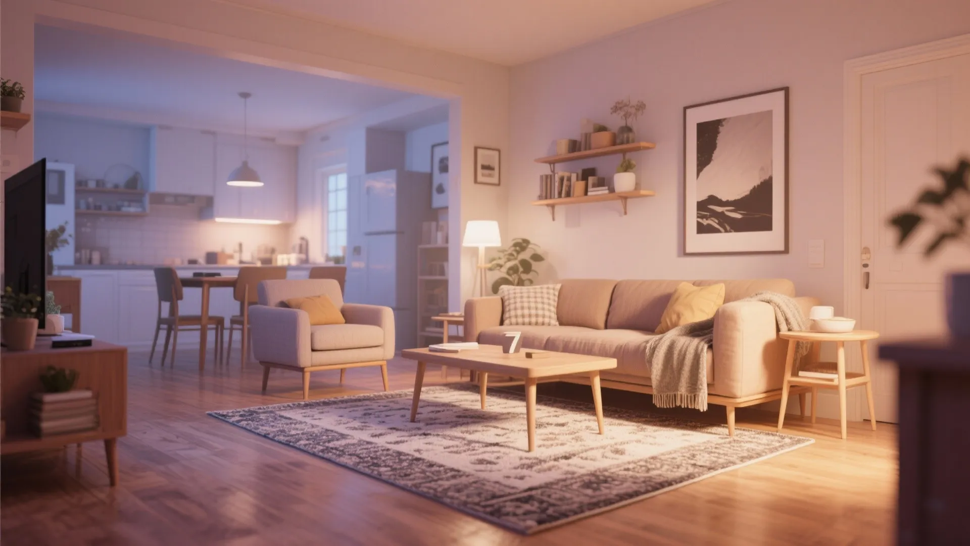 Warm living room interior design with tan sofa patterned rug wooden coffee table and kitchen